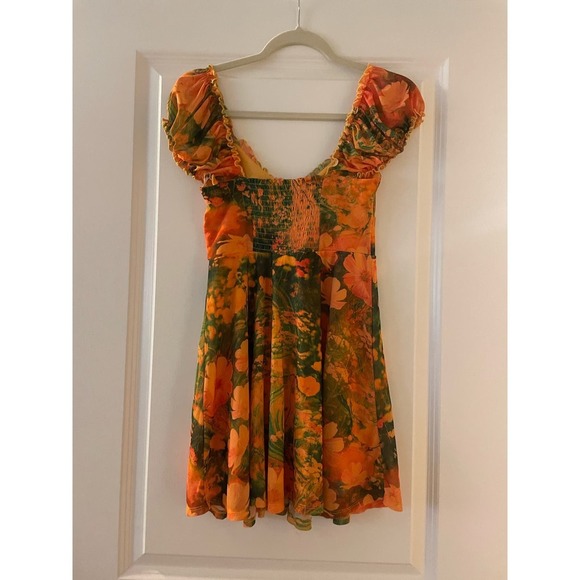 Urban Outfitters Women's Audrey Mesh Mini Dress‎ In Orange Floral Size Small - Picture 5 of 9